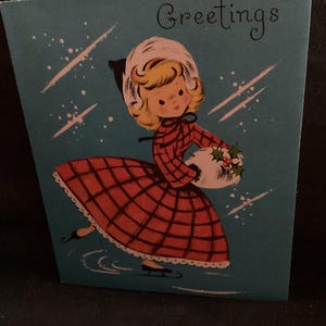 Vintage Weihnachtskarte Mädchen Schlittschuhlaufen Unbenutzt+env