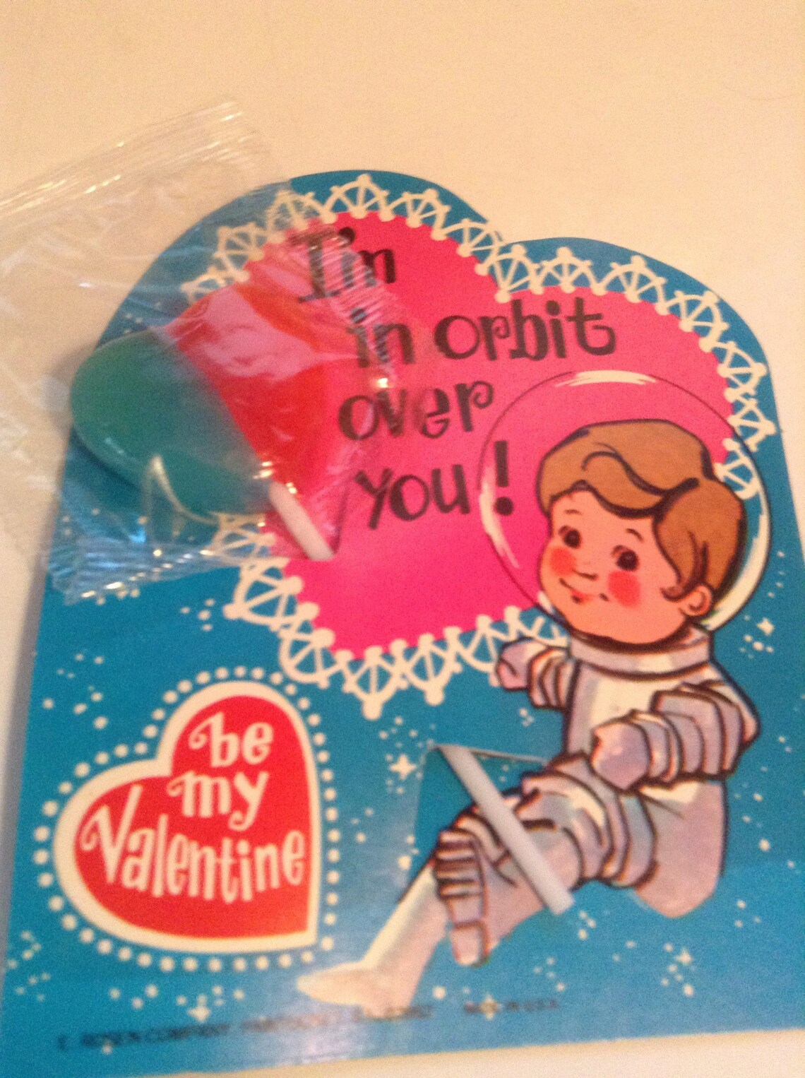 Valentine Card I'm in Orbit Over You With Heart Shaped Lollipop Unused