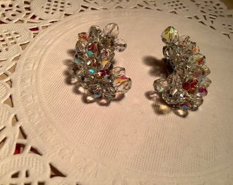 Vintage aurora borealis beaded crescent shaped clip on earrings silver tone 1 3/8” L