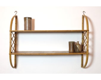 French wood and rattan shelves from the 1960s-1970s.