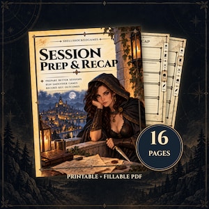 Könnte beinhalten: Ein 16-seitiges druckbares und ausfüllbares PDF mit dem Titel Session Prep & Recap von Shellshockedgames. Das Cover zeigt eine Illustration einer Kapuzenfigur mit einem Dolch, die nachts auf eine Fantasiestadt blickt, mit Karten und einer Laterne.