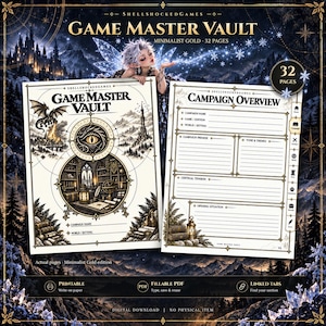 May include: A 32-page Game Master Vault digital planner featuring a cover with a dragon, a central eye, and a library illustration. The interior page shows a Campaign Overview layout with sections for campaign name, premise, tone, and central tension.