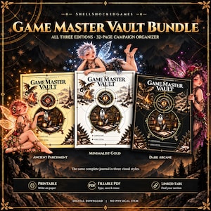 May include: A Game Master Vault bundle featuring three editions of a 32-page campaign organizer titled Ancient Parchment, Minimalist Gold, and Dark Arcane. Each cover displays a central eye icon, fantasy library imagery, and text fields for campaign name and world setting.