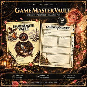 May include: A 32-page Game Master Vault printable and fillable PDF set. The cover features a dragon, a central eye, and a library illustration. The interior page shows a Campaign Overview layout with sections for campaign name, premise, and tension.