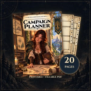 May include: A Campaign Planner printable and fillable PDF with 20 pages. The cover features a fantasy illustration of a person at a desk with a map, compass, and book. The text reads Shellshockedgames Campaign Planner and 20 Pages.