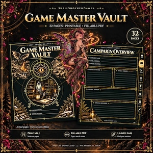 May include: A 32-page Game Master Vault digital document featuring a dark fantasy aesthetic with gold accents. The cover displays a fairy illustration, a dragon, and a library scene. The interior page shows a Campaign Overview layout with fillable fields.