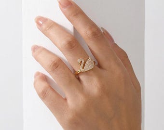 Gold Swan Ring, Pavé Crystal Swan Jewelry, Adjustable Dainty Animal Ring, Elegant Graceful Gift for Her, Minimalist Statement Ring