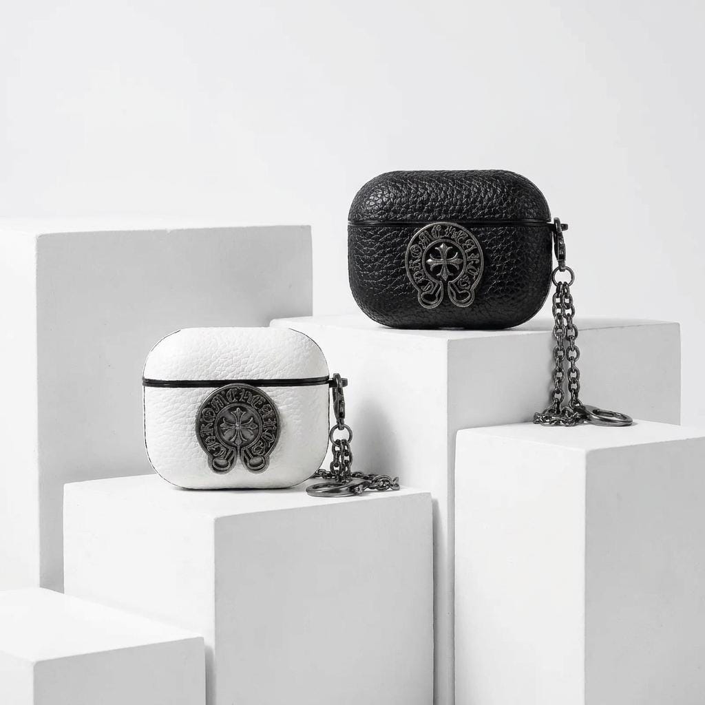Leather Airpods Case With Keychain Clip, Black Chrome Style Cover