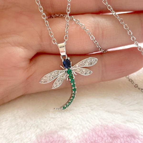 Best Gift Dainty Dragonfly Necklace Blue Sapphire & Emerald S925 Sterling Silver Personalized Necklace Unique Holiday Mother Gift for Her