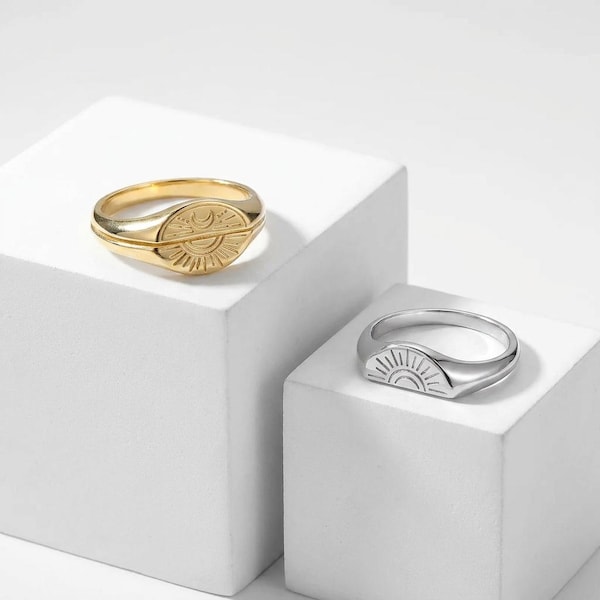 Sol- och måneringar i matchande färg, set om 2, guld- eller silverfärgade ringar för par, bästa vän, syster