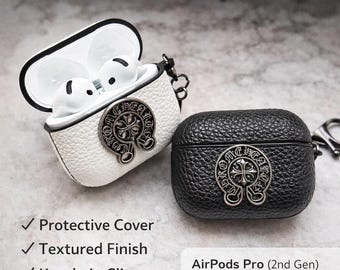 Leather Airpods Case With Keychain Clip, Black Chrome Style Cover