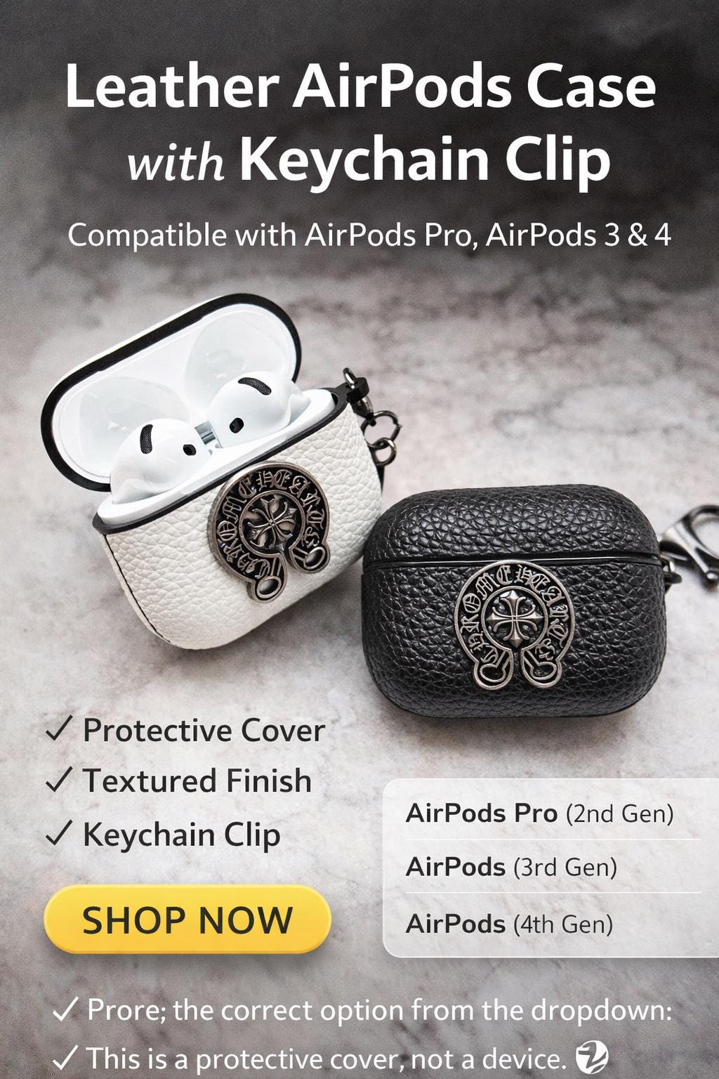 Leather Airpods Case With Keychain Clip, Black Chrome Style Cover