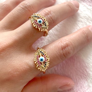 18K Gold Plated Evil Eye Ring, Enamel Retro Ring