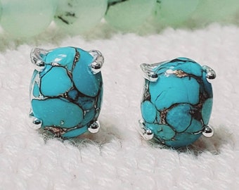 Blue Copper Turquoise Stud, Stud Earring, Blue Copper Turquoise Stone, Turquoise Earring, 925 Sterling Silver, Women Stud Earring, JPZ1010