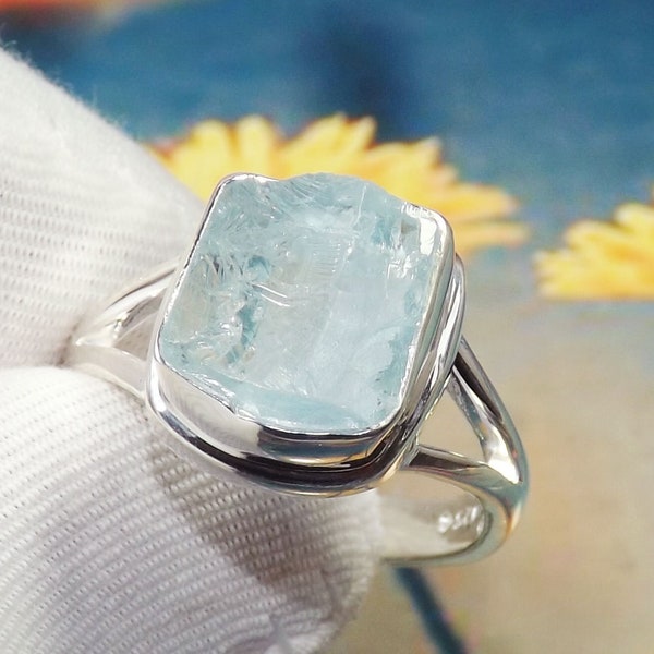 Genuine Aquamarine Ring, Raw Aquamarine Ring, Silver Ring, Sterling Silver Ring, For Her, Birthstone Ring, Ready To Ship, JPY0608