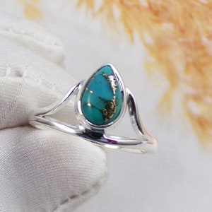 Blue Copper Turquoise Ring, Turquoise Rings, Turquoise Jewelry, Tiny Rings, 925 Sterling Silver Ring, Boho Ring, Ring Size 8US, W31018