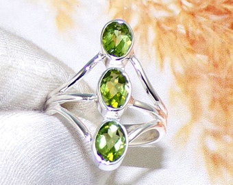 Oval Peridot Ring, Natural Peridot Ring, August Birthstone Three Stone Ring, Anniversary Ring, For Her, 925 Sterling Silver Ring, W42509