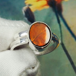 Bague ammolite rouge feu, bague ammolite de haute qualité, bague femme, bague réglable, bague en argent 925, bague fine, pour elle, ammolite, JPY81006