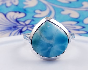 AAA Natural Larimar Ring, Real Larimar Ring, Solid 925 Silver Ring, Larimar Jewelry, Birthday Gift, For Her, Size 9US, JPX51322
