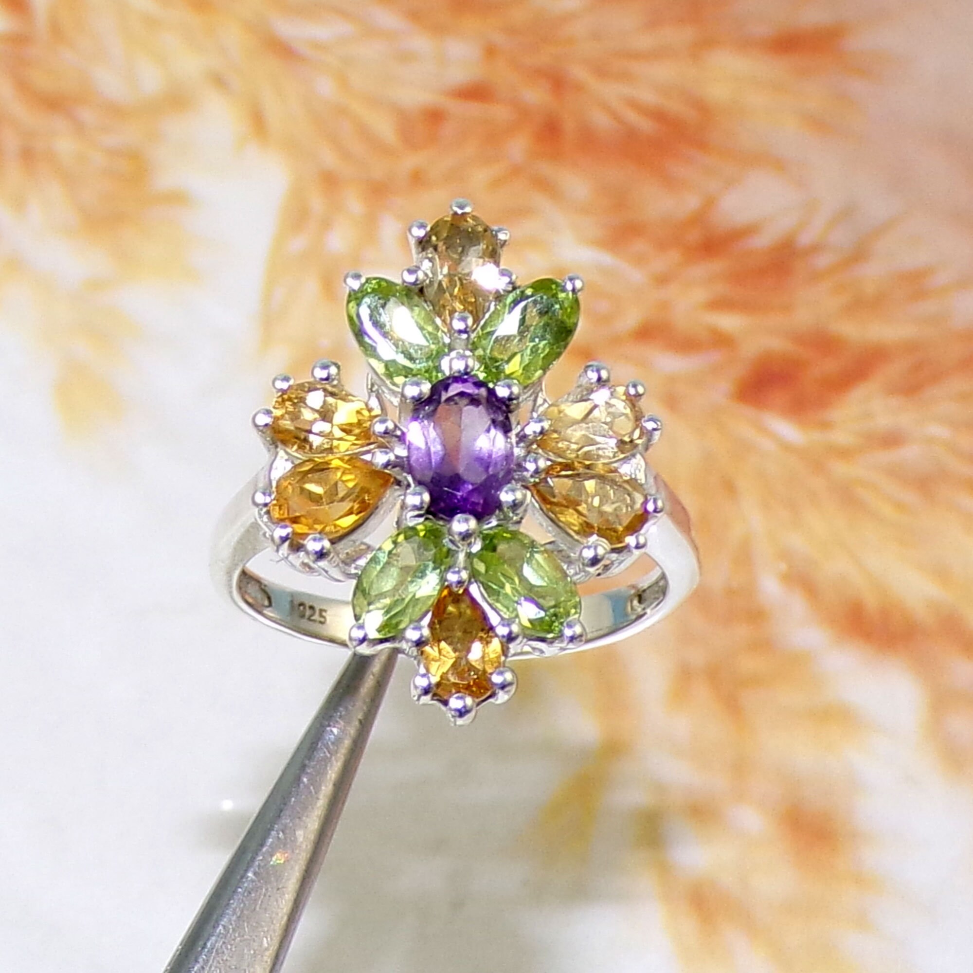 Bague En Argent Avec Améthyste, Péridot, Citrine Et Zircons - Neuf Sans Emballage