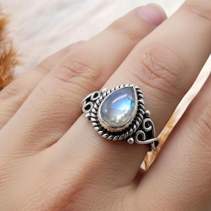 Handmade Teardrop Rainbow Moonstone Ring: Sterling Silver, Size 6