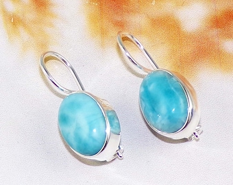Ovale Larimar Ohrringe, Massiv 925 Sterling Silber, Edelstein aus der Karibik