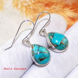 Boho Chic Blauer Kupfer Türkis Ohrringe in 925 Sterling Silber, Baumeln & Tropfen Ohrringe, Handgemachte Ohrdraht Ohrringe, Damen Ohrring, U1320
