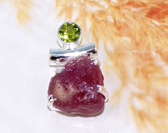 Raw Ruby Peridot Pendant, 925 Sterling Silver, Wedding Gift