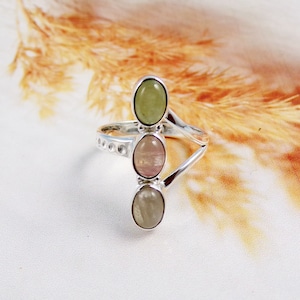 Cab Tourmaline Ring, Green Tourmaline Ring, Red Tourmaline Ring, 925 Sterling Silver Ring, Silver Ring, Three Stone Ring, For Her, W31001