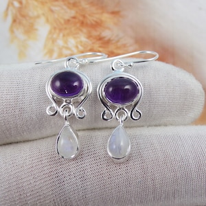 Amethyst Ohrringe, Regenbogen Mondstein Ohrringe, Massiv 925 Sterling Silber Ohrringe, Valentinstag Geschenk, Zwei Stein Ohrringe, Für Sie, W30216