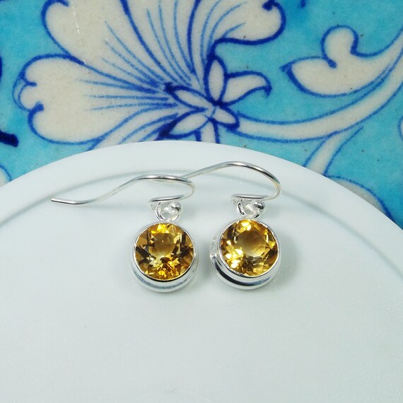 Boucles D'oreilles Argent 925 Citrine Ronde 7mm - Clous Avec Fermoir Papillon, Neuf Sans Emballage