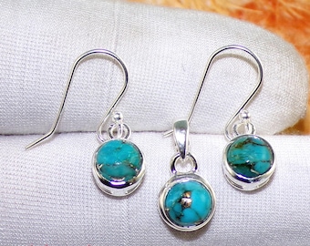 Blue Copper Turquoise Pendant Earring Set, Sterling Silver Jewelry
