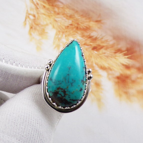 Pear Arizona Turquoise Ring: Solid 925 Sterling Silver, Size 9US