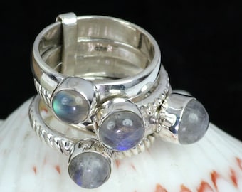 Rainbow Moonstone Ring, Rainbow Moonstone, Stacking Ring, 925 Sterling Silver, Blue Fire Rainbow Ring, Unique Ring, 4 Pcs. Set Ring