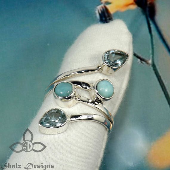 Jewelry gem 32 ct Natural Larimar Ring 925 Sterling Silver