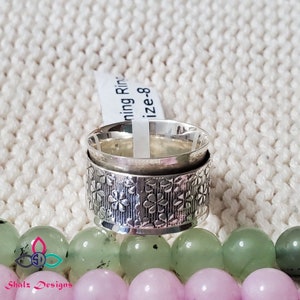 Size 8US, Flower of Life Spinner Ring, Sterling Silver Ring for Women, Geometric Thumb Ring, Wide band Fidget Ring, JPY0224NO4
