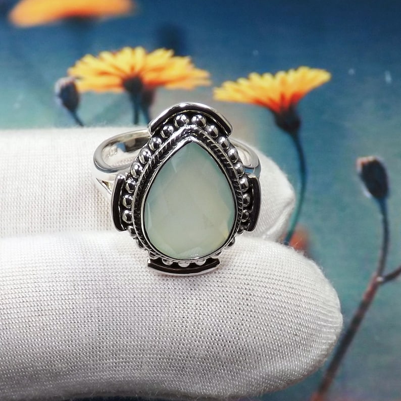 Silver Ring Gift For Her Genuine Aqua Chalcedony Ring Size 8US Gift Idea Gift For Chalcedony Ring JPY0211 Dainty Ring