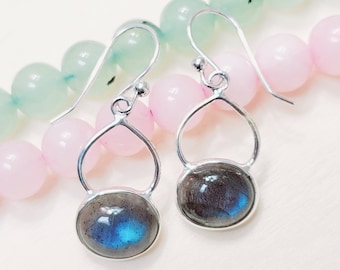 Blue Fire Labradorite Earrings, 925 Sterling Silver, Gemstone Jewelry