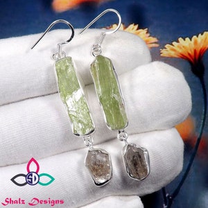 Green Kyanite & Herkimer Diamond Earrings: 925 Sterling Silver, Rough Stone