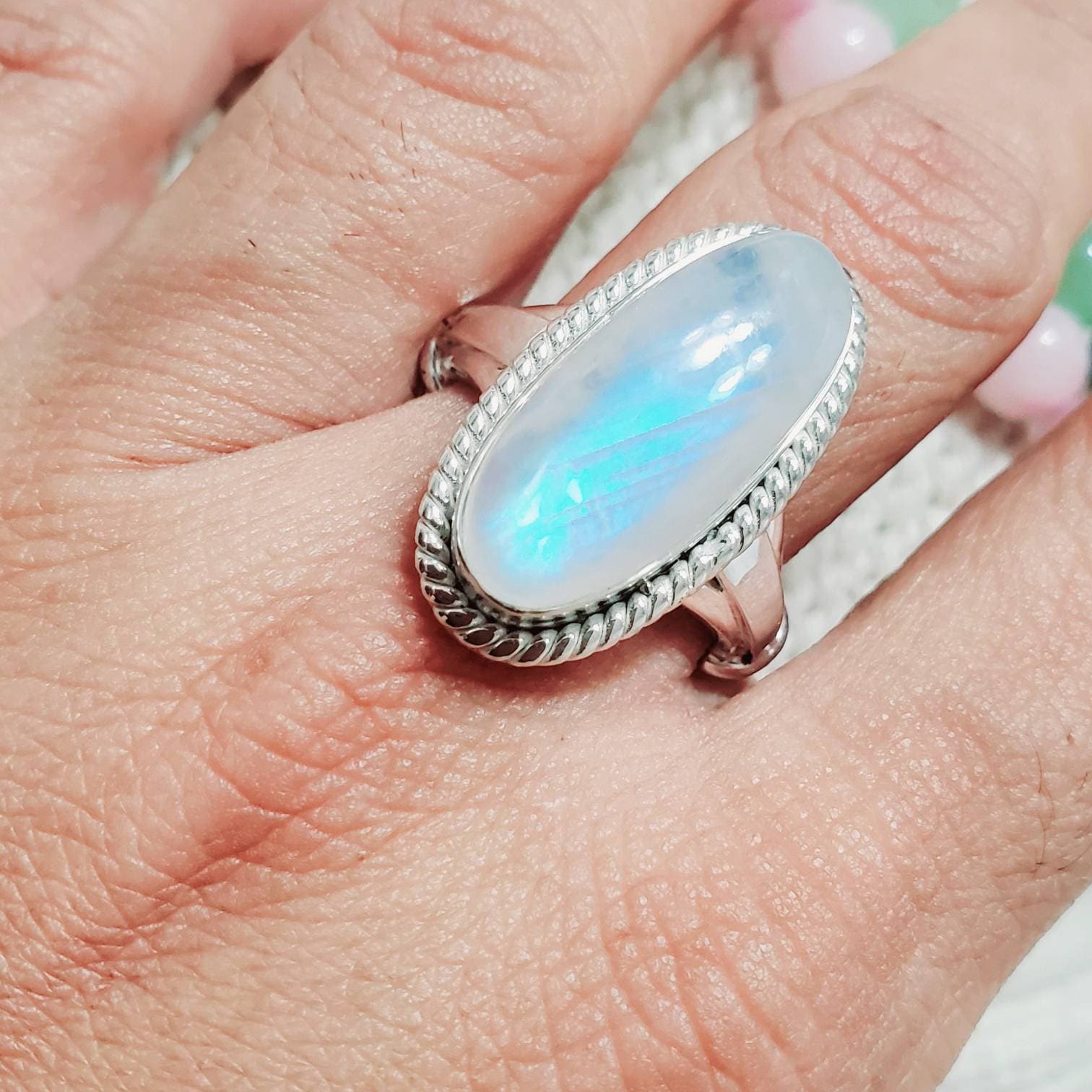 Rainbow Moonstone Ethnic Jewelry Brass Handmade Ring US Size 9 R-8823