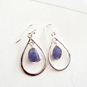 Handmade Sterling Silver Rough Tanzanite Drop Earrings - December Birthstone