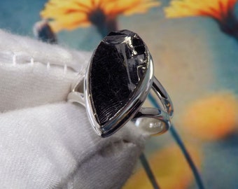 Rough Shungite Ring, Tear drop Shungite Ring, Solid 925 Silver Ring, Healing Stone Ring, Gift For Her, Anniversary Ring, Size 6US, JPY719