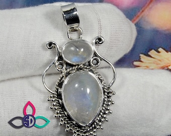 Blue Fire Rainbow Moonstone Pendant: 925 Sterling Silver
