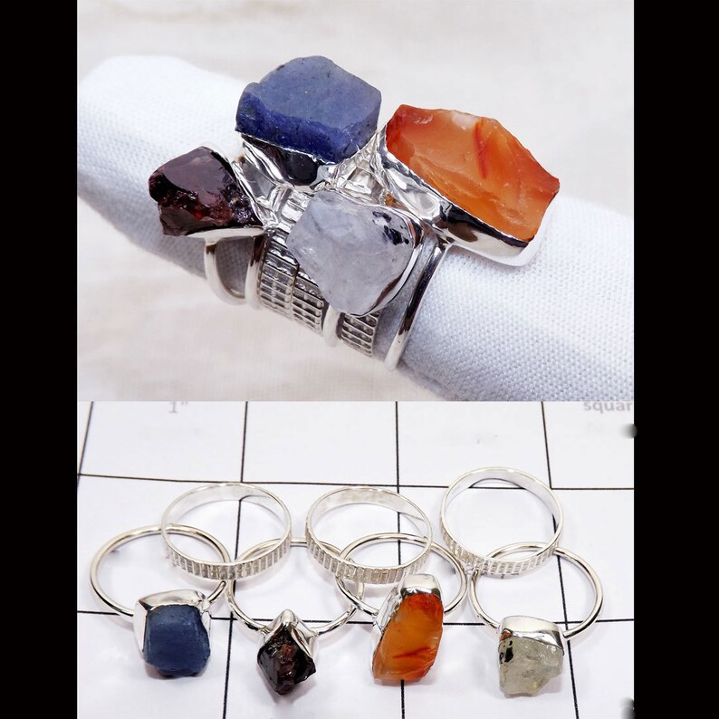 7 Pcs Carneline Rough Ring Garnet Ring Women Stacking Ring Stacking Ring Women Ring Rainbow Moonstone Rough Ring Set Tanzanite Ring