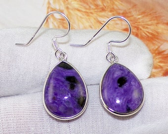 AAA Charoite Earring, 925 Sterling Silver Earrings, Vintage Teardrop Earrings, Handmade Designer Beautiful Earring, Gift for Women, V42524