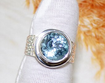 Genuine Blue Topaz Ring, Gemstone Ring, Wide Band Ring, Handmade Ring, 925 Sterling Silver Ring, Silver Jewelry For Gift, US 9, V50914