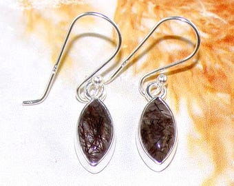 Sterling Silver Black Rutile Marquise Dangle Earrings, Handmade Jewelry