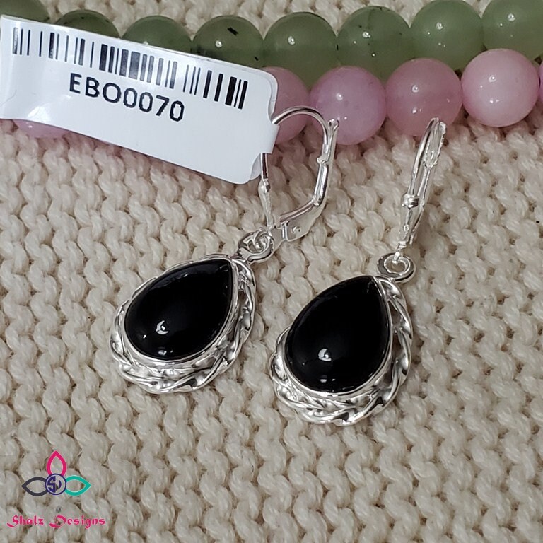 Genuine Black Onyx Earrings, 925 Silver Earrings, Lever Back