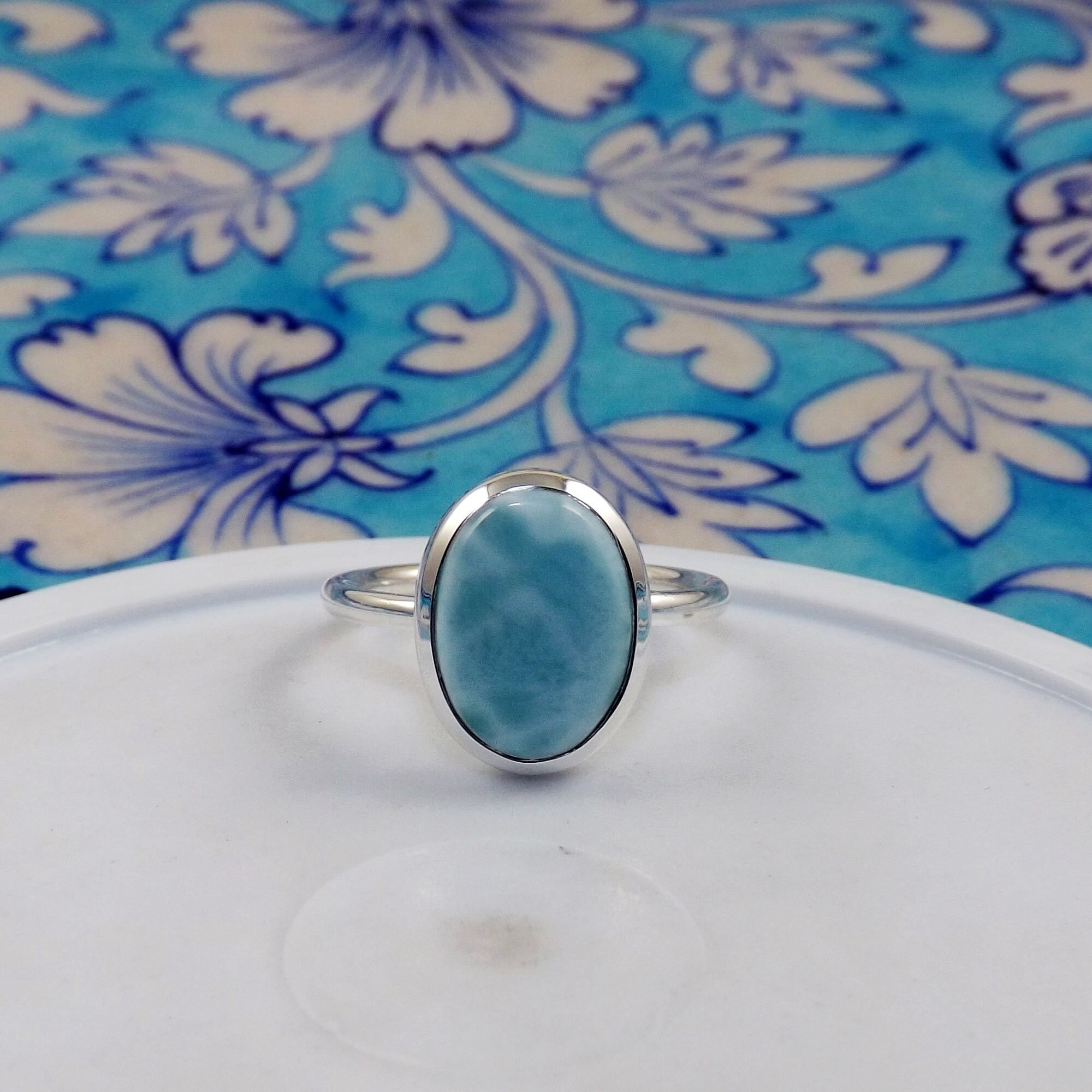 Ocean Blue Larimar Ring, Oval Larimar Ring, Solid 925 Silver Ring