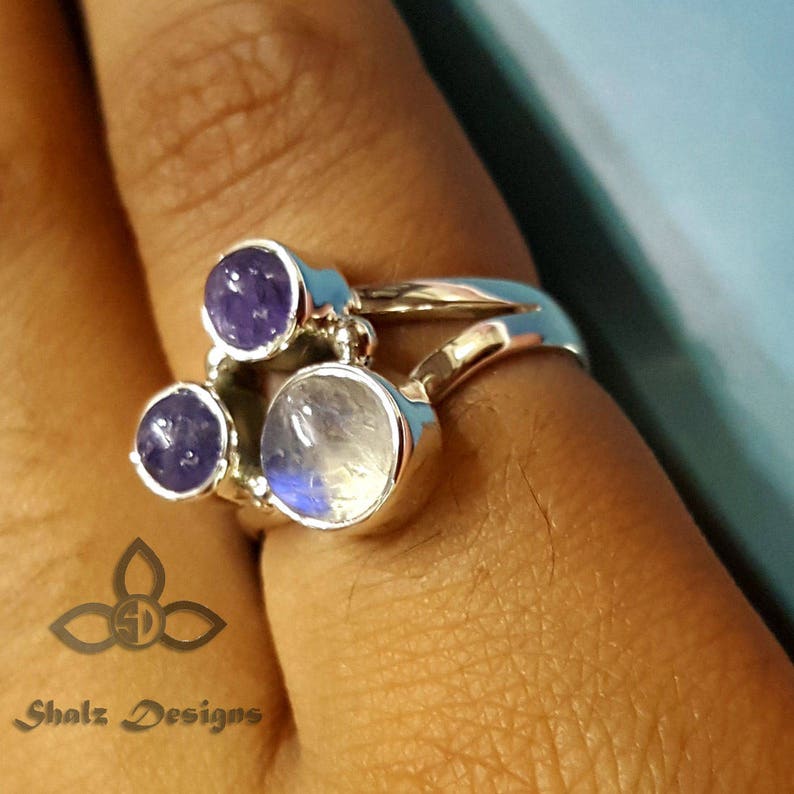 Unique Ring Blue Fire Rainbow Ring Three Stone Ring Rainbow Moonstone Ring 925 Sterling Silver Partywear Ring Tanzanite Gemstone